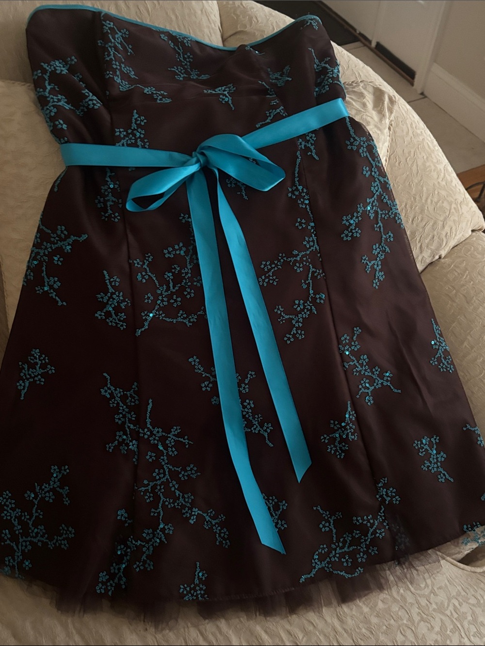 Jessica McClintock Tea-Blue and Brown Evening Dress